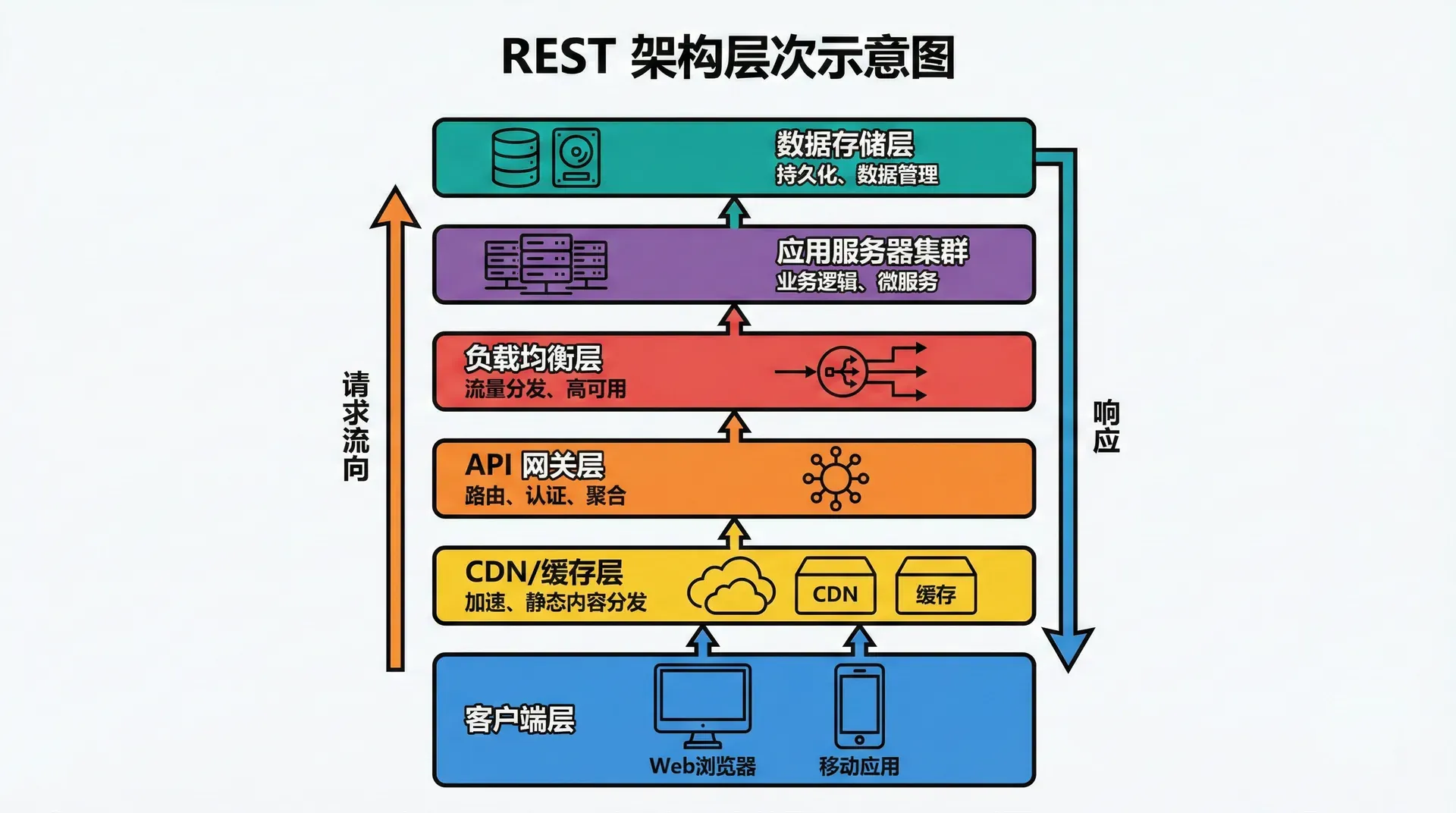 一个分层的 REST 架构示意图,从下到上依次展示:客户端层(Web浏览器、移动应用)、CDN/缓存层、API 网关层、负载均衡层、应用服务器集群、数据存储层,用箭头表示请求流向并标注各层的主要职责