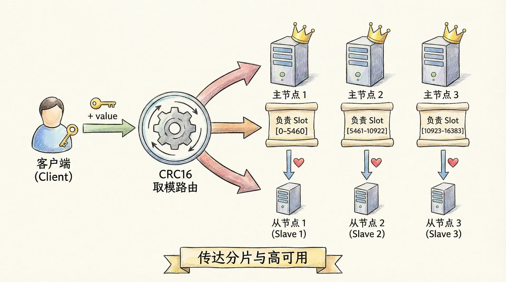 插图prompt: Cluster 架构:多个主节点,每个主负责若干 slot;Key 经 CRC16 取模路由到对应主;主可有从节点做高可用;传达分片与高可用