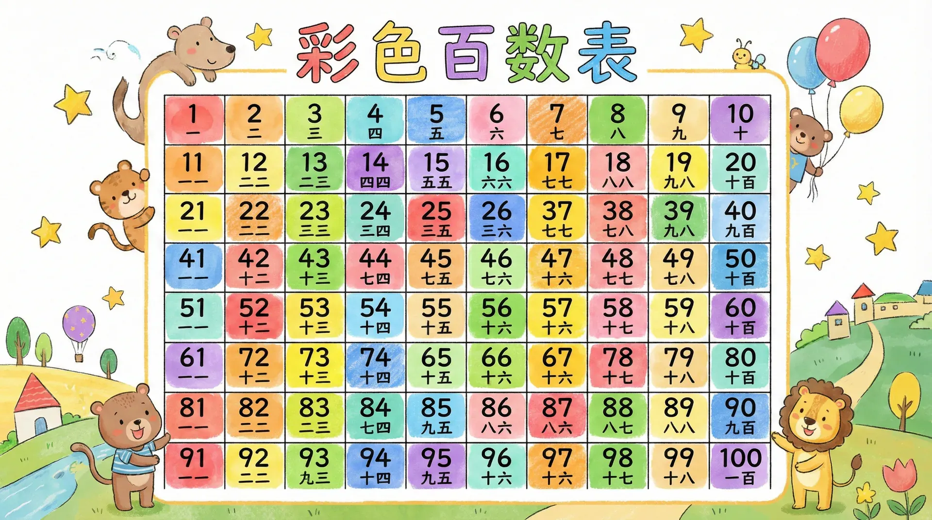 彩色百数表,每 10 个一行,从 1 到 100 整齐排列