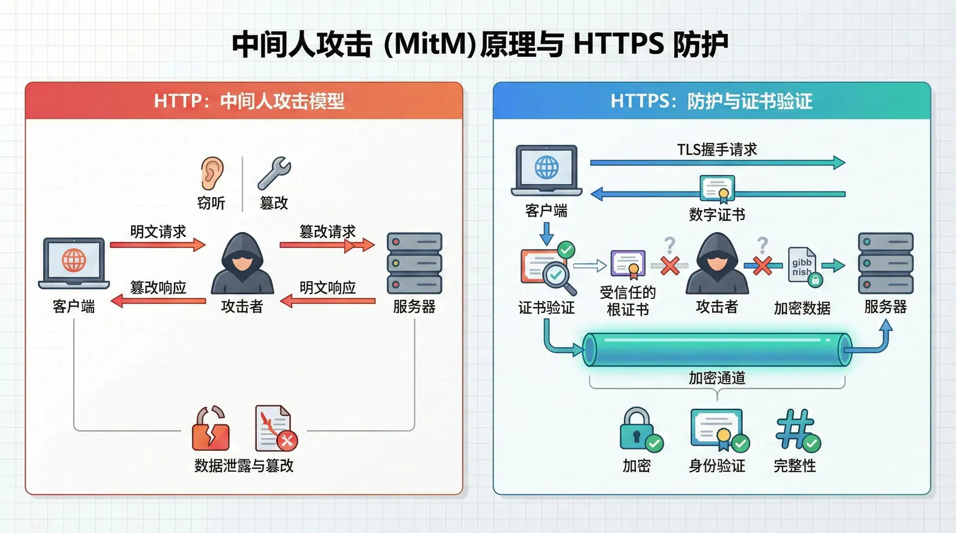展示中间人攻击的原理和HTTPS如何防护,包括攻击者的位置、攻击方式、HTTPS的防护机制等,用威胁模型图的方式展示中间人攻击和防护措施,同时展示证书验证的重要性