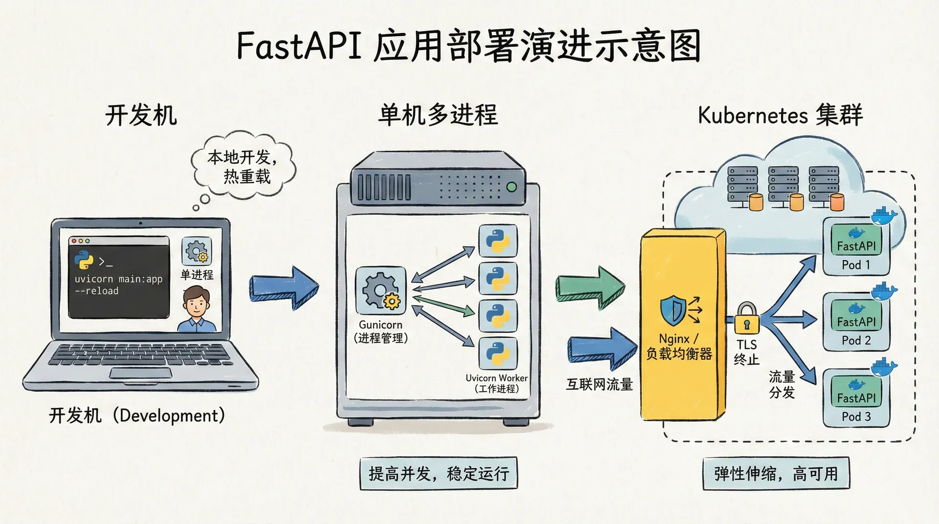 一张从开发机到生产环境的演进示意图,左侧是开发者本机上的 uvicorn --reload,中间是单机多进程的 gunicorn+uvicorn-worker,右侧是多容器部署在Kubernetes集群后的形态,最前面有一层Nginx或负载均衡器负责TLS终止和流量分发
