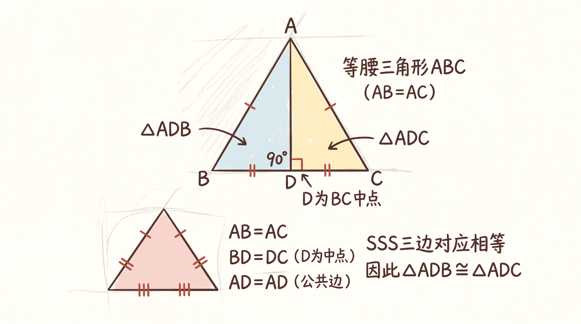 等腰三角形 ABC(AB=AC)中,D 为 BC 中点,辅助线 AD 垂直 BC,标注两个全等的小三角形 ADB 与 ADC,SSS 三边对应标注一致