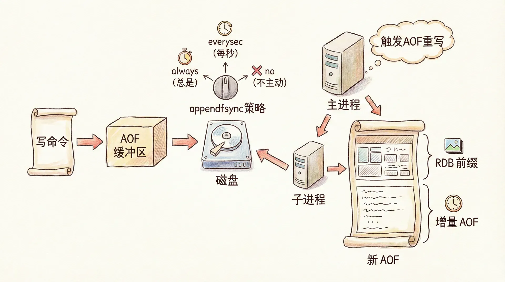 插图prompt: 流程图:写命令 → 写入 AOF 缓冲区 → 按 appendfsync 策略刷盘;重写时子进程生成新 AOF(RDB 前缀 + 增量 AOF),传达 AOF 与混合持久化