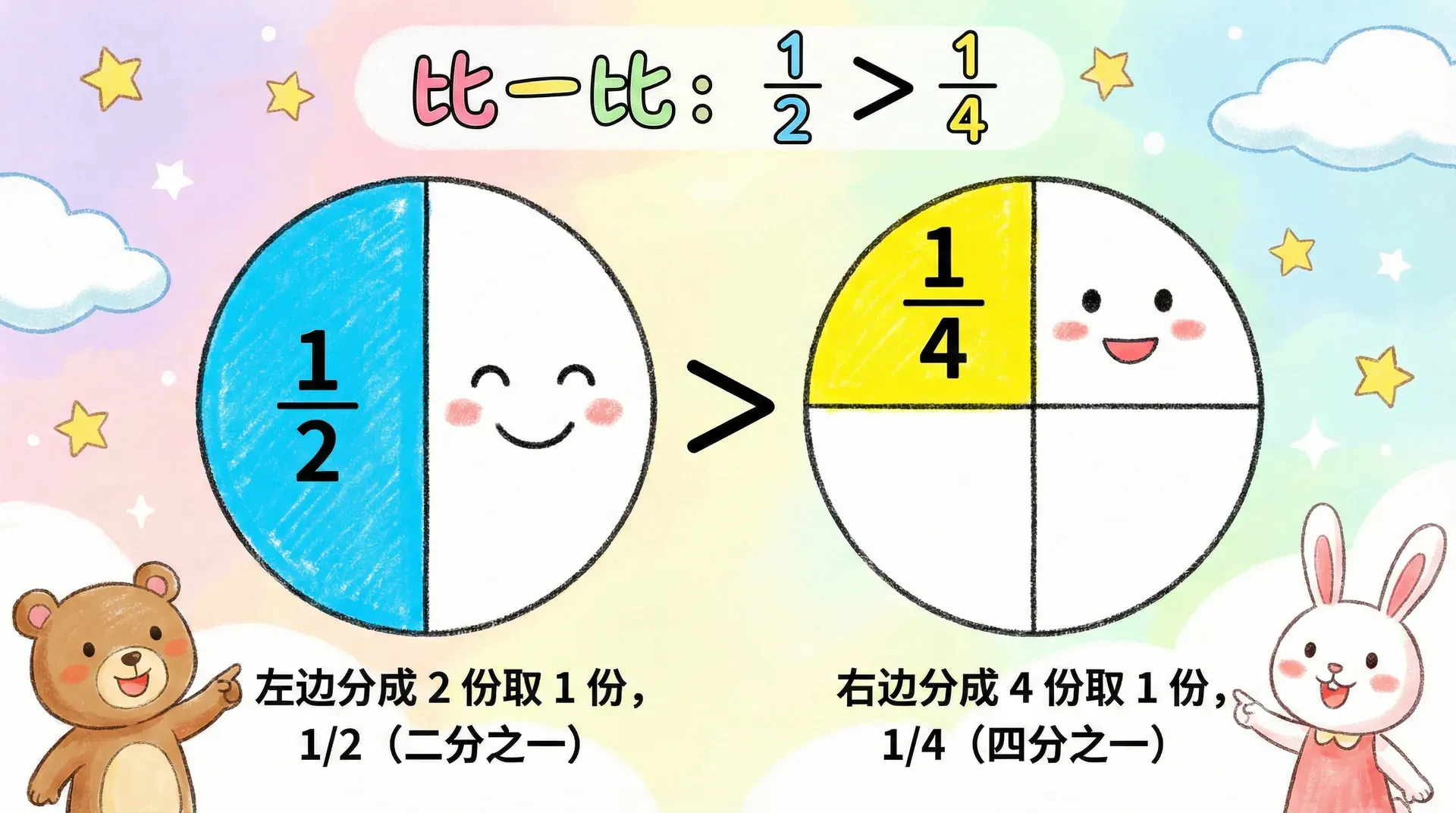同一个圆,左边分成 2 份取 1 份,右边分成 4 份取 1 份,对比大小