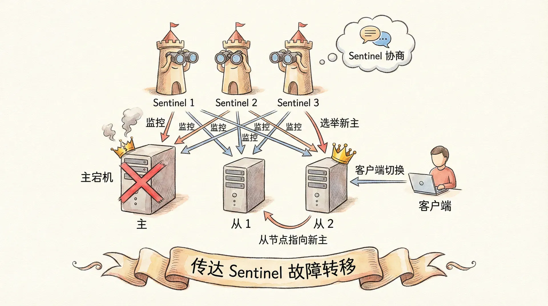 插图prompt: 示意图:Sentinel 1/2/3 监控主从;主宕机 → Sentinel 协商 → 选举新主 → 从节点指向新主、客户端切换,传达 Sentinel 故障转移