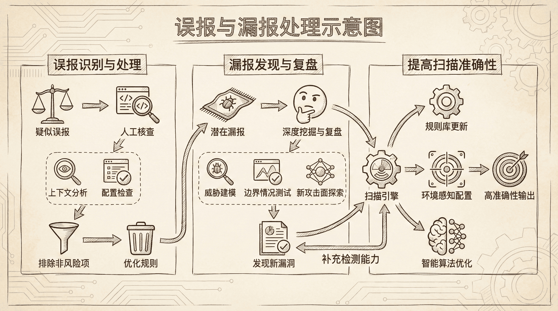 图片描述:一个展示误报与漏报处理的示意图,包含如何识别误报、如何处理漏报、以及如何提高扫描器的准确性