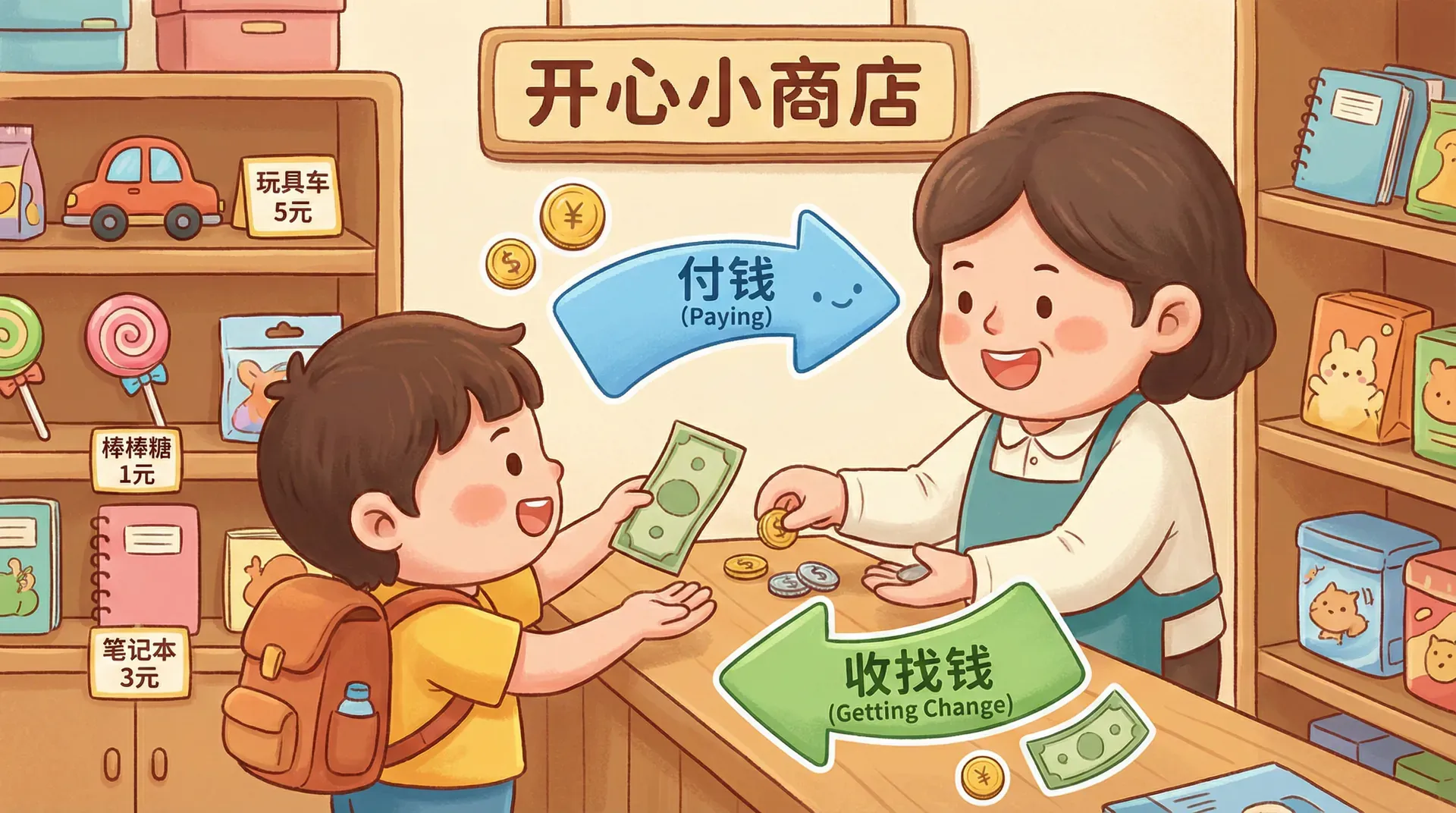 一个小商店场景,物品标价,小朋友付钱和收找钱的示意图