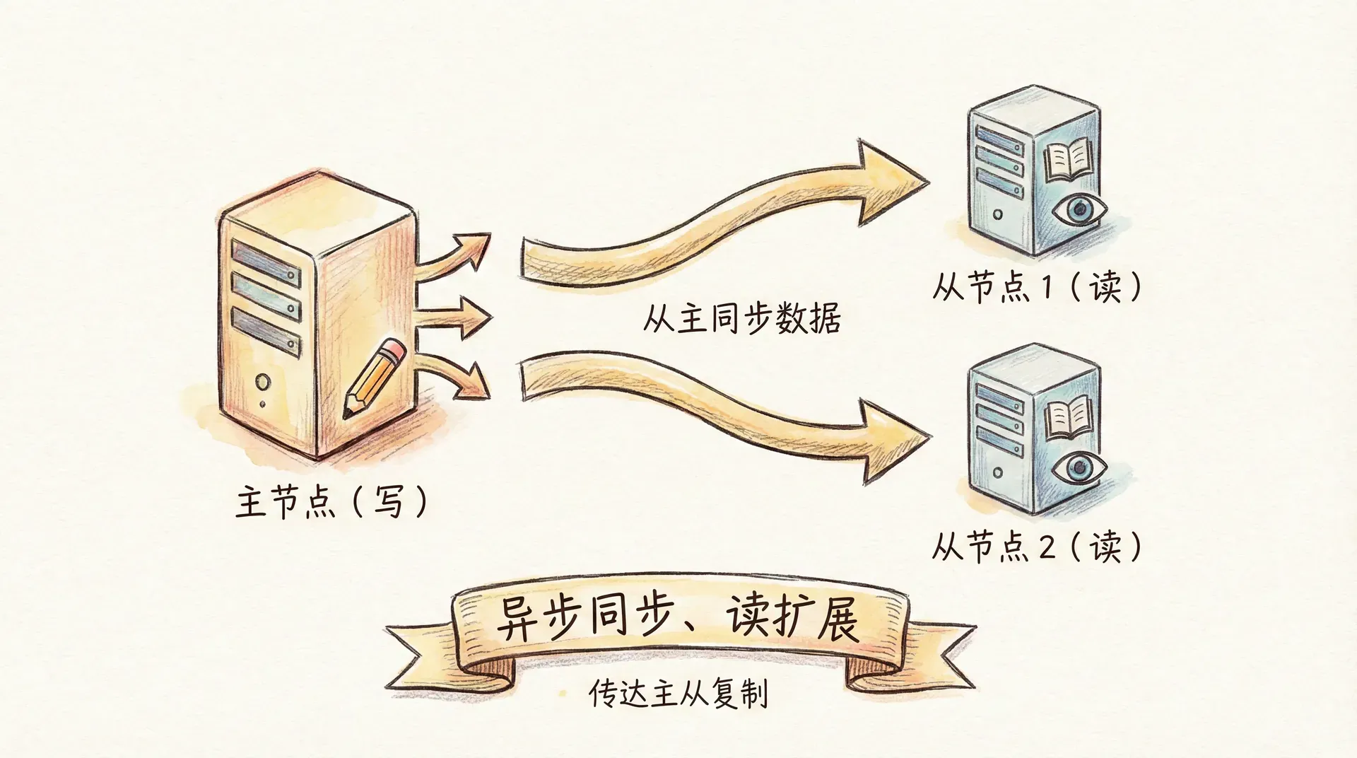 插图prompt: 架构图:主节点(写)→ 从节点 1、从节点 2(读);从节点从主同步数据;标注「异步同步、读扩展」,传达主从复制