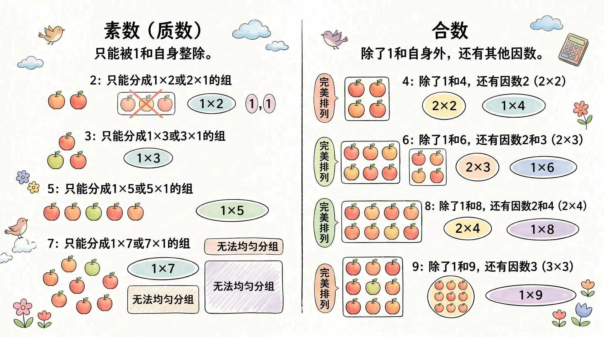 素数与合数的直观图示:正整数按照"能否分解为更小正整数的乘积"分为两类,素数用单一圆圈表示(无法拆分),合数用分叉箭头展示拆分为更小因子的过程,1单独标注为"既非素数也非合数"