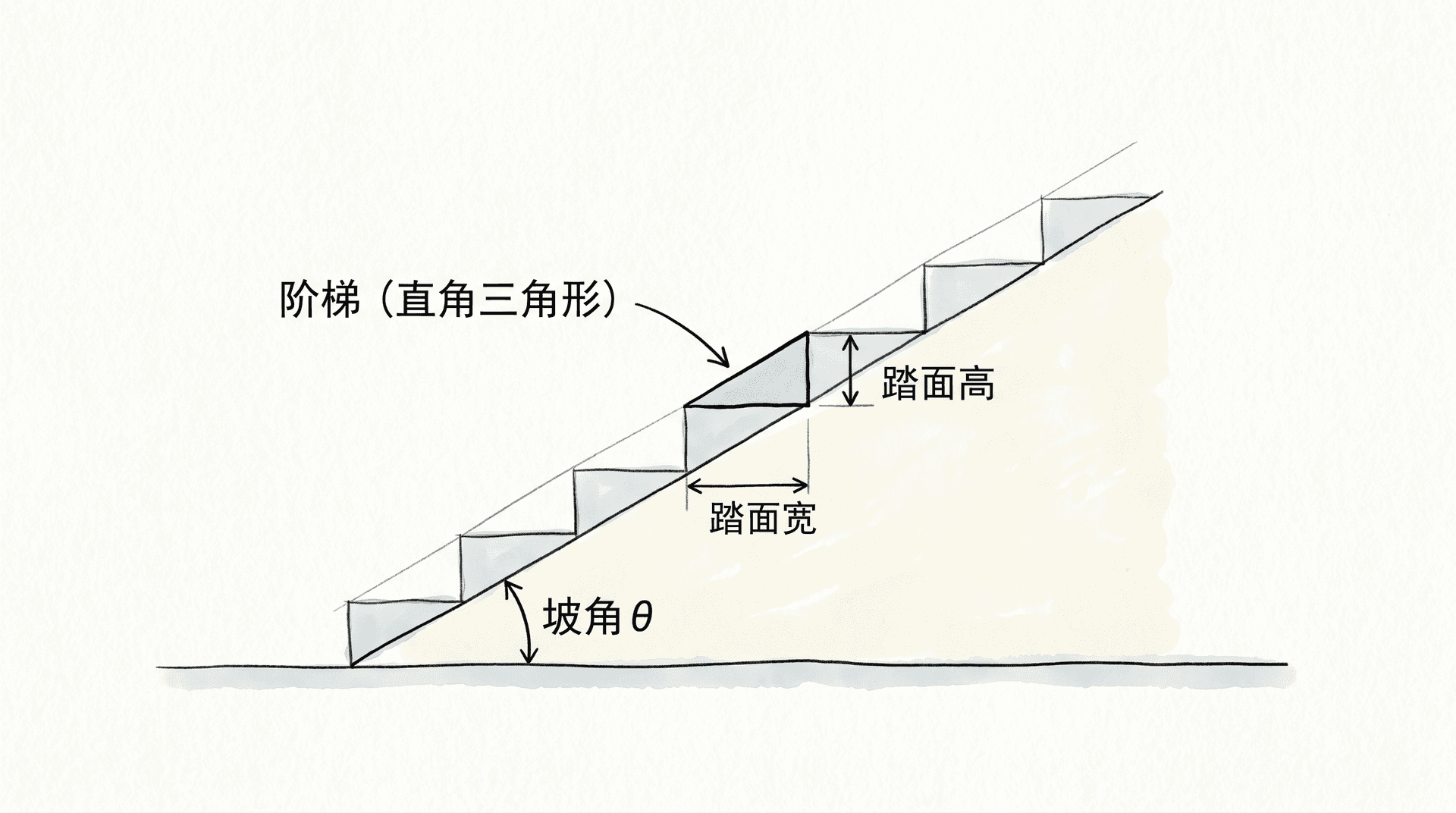 楼梯侧视图:每级阶梯为直角三角形,水平边标注 25 cm,竖直边标注 18 cm,斜边标注 c,多级叠加形成整段楼梯,坡角 θ 标注在底部