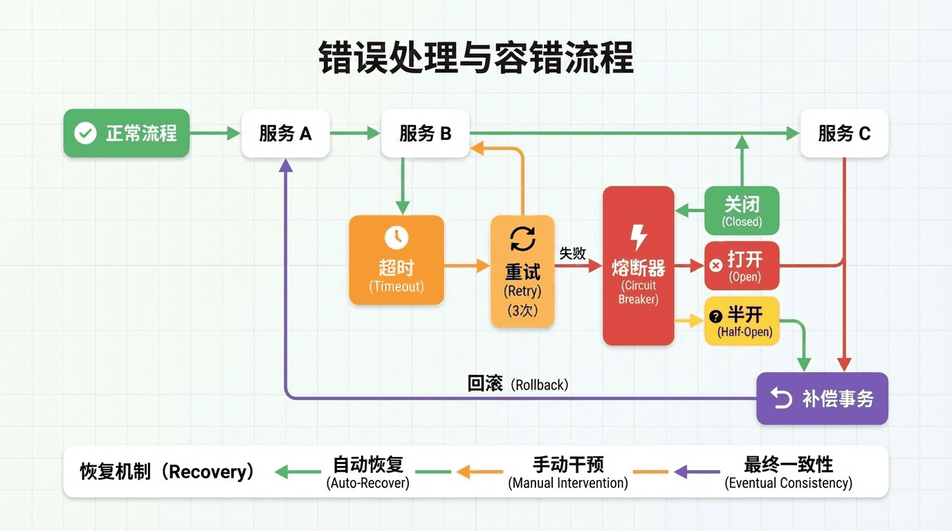 一个错误处理和容错的流程图,展示服务调用链中的错误处理机制:正常流程、超时处理、重试机制、熔断器状态、补偿事务执行,标注各种错误场景的处理策略和恢复机制