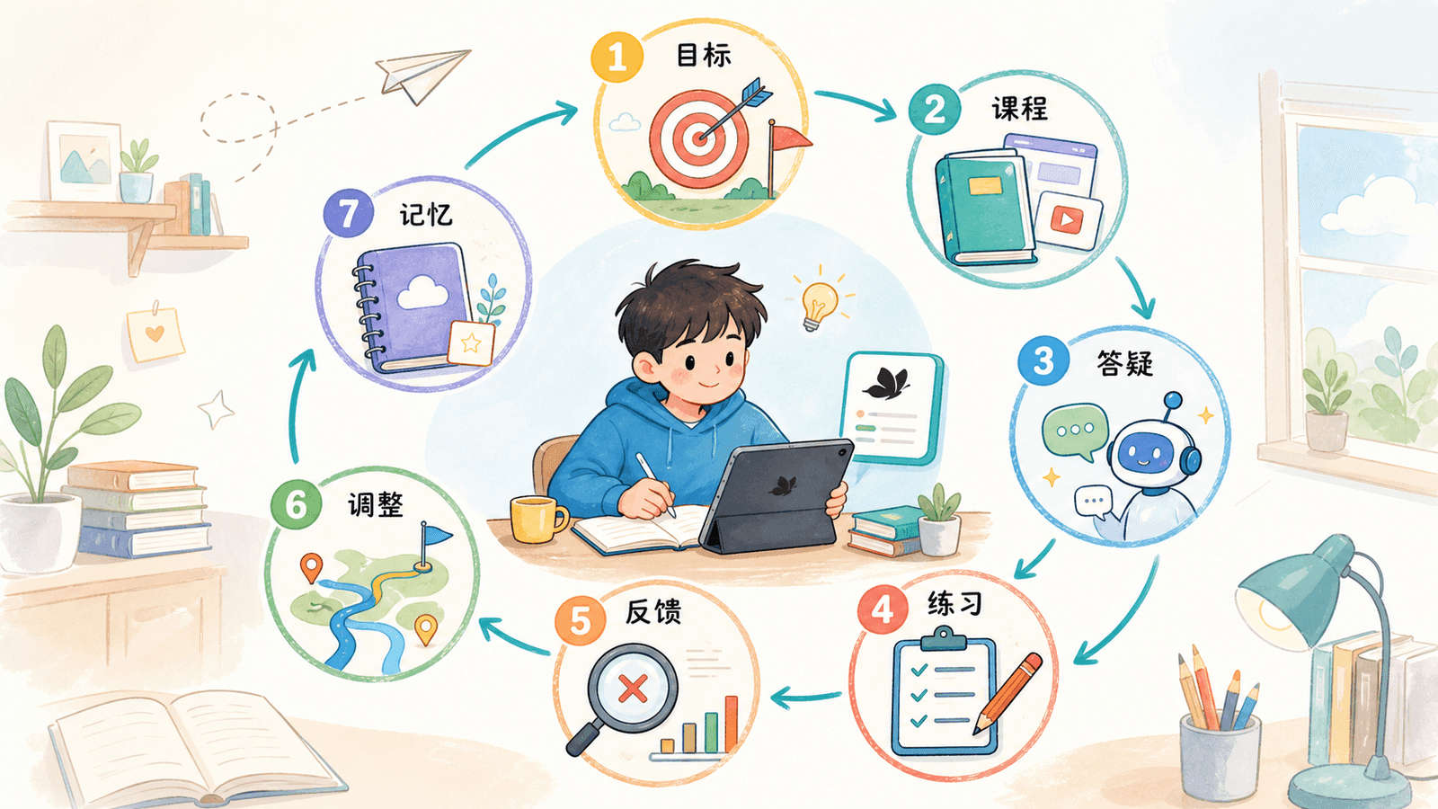 教育AI智能体学习闭环图,展示目标、课程、答疑、练习、反馈、调整和记忆
