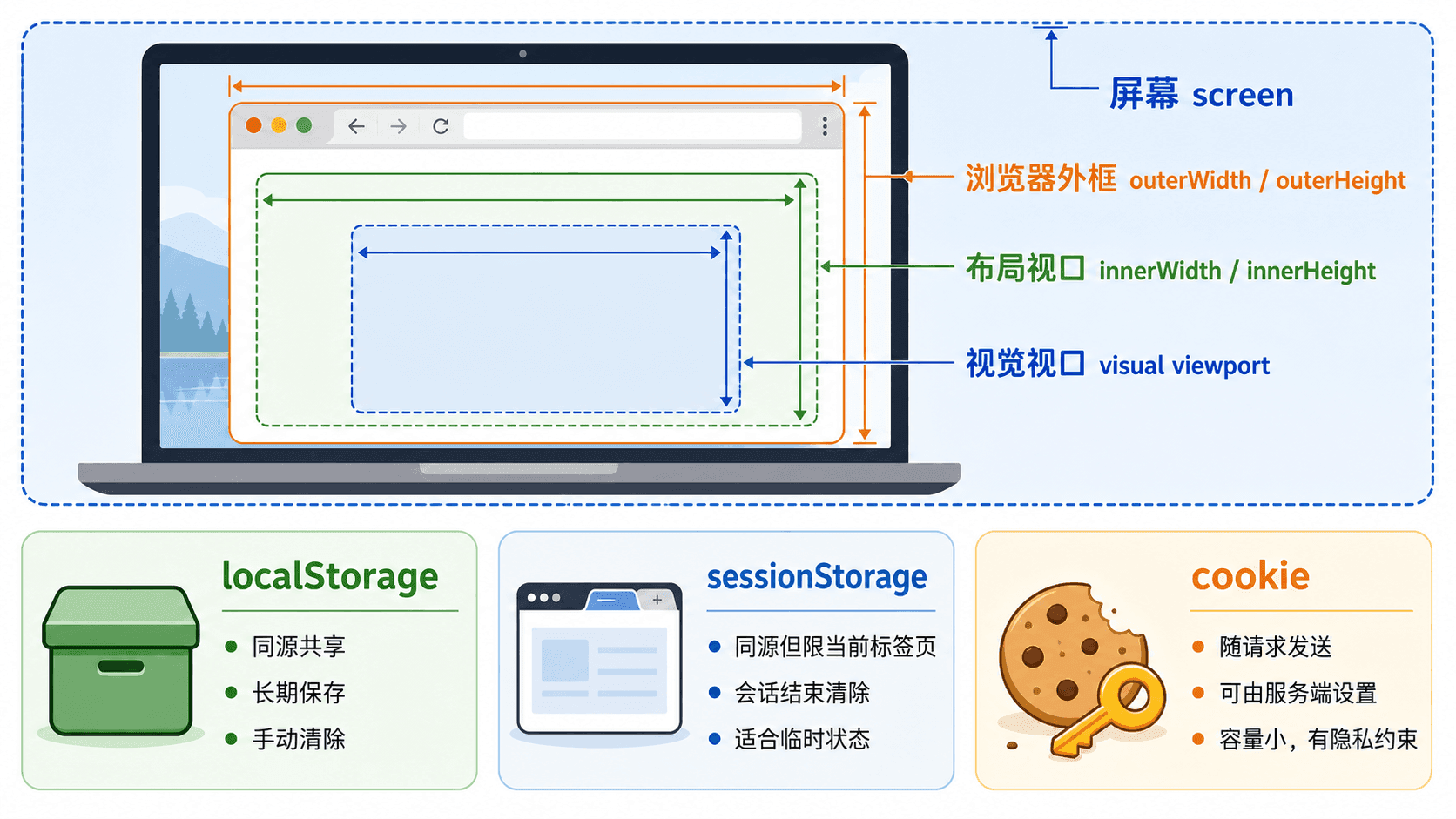 展示 Window 对象中 screen、outerWidth、innerWidth、visual viewport 关系,并对比 localStorage、sessionStorage、cookie 区别的教学插图。